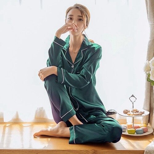 Ensemble De Pyjama En Satin De Soie Pour Femme,Vêtements De Nuit À Manches Longues,Ensemble De Deux Pièces,Grande Taille