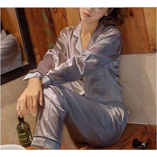 Ensemble De Pyjama En Satin De Soie Pour Femme,Vêtements De Nuit À Manches Longues,Ensemble De Deux Pièces,Grande Taille