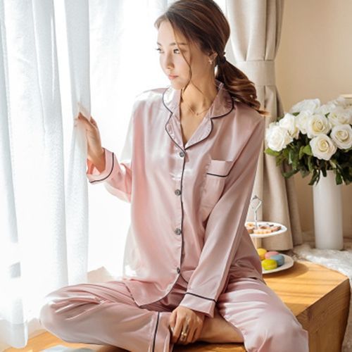 Ensemble De Pyjama En Satin De Soie Pour Femme,Vêtements De Nuit À Manches Longues,Ensemble De Deux Pièces,Grande Taille
