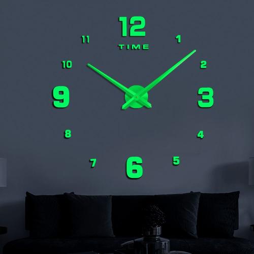 Vert lumineux 2 - 47 pouces - Horloge murale lumineuse 3D, grand miroir acrylique, autocollants de mode, horloge à Quartz, décoration de la maison, salon, DIY bricolage