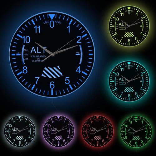 Cadre blanc avec LED - Horloge Murale Ronde Altimètre Classique, Style Moderne, Instrument, Avion Pilote, Mesure D'altitude, Décor De Maison