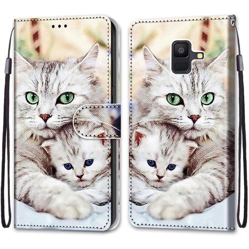 Étui Pour Samsung Galaxy A6 2018 Coque Pu Leather Cuir Anti-Rayures Protection Cover Emplacement Carte Portefeuille Magnétique Téléphone Case Pour Samsung Galaxy A6 2018,Chat Et Chaton