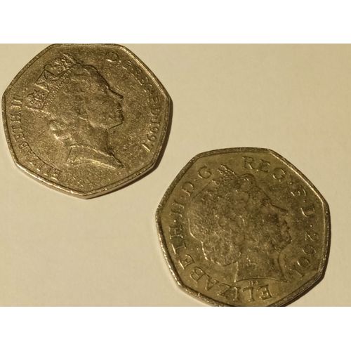 2 Pièce De Monnaie 50 Pence Elizabeth 2