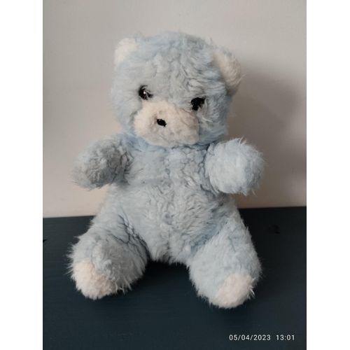 Vintage Peluche Ours Assis Bleu Et Blanc Marque Toudou Made In France