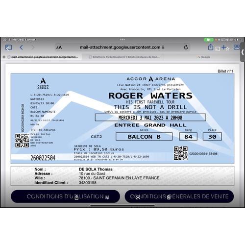 Billet This Is Not A Drill Roger Waters 3/5/2023 Accor Arena Paris La Defense