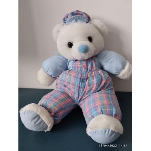 Vintage Peluche Doudou Ours Salopette Madras Bleu-Rose Casquette