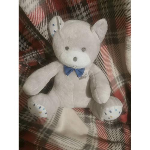 Doudou Peluche Ours Gris Étoiles Noeud Bleu Musti Mustela