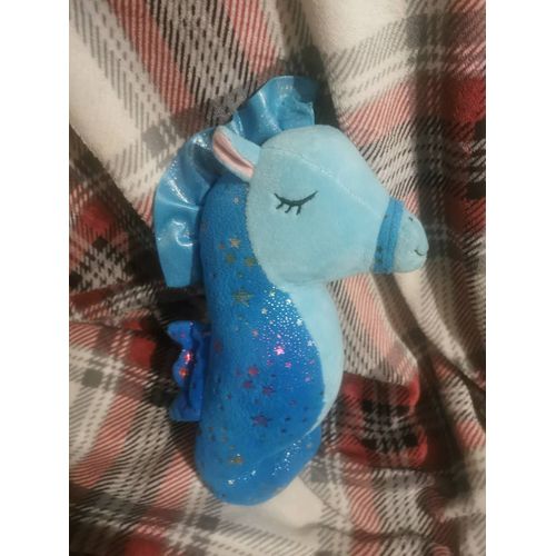 Doudou Peluche Hippocampe Bleu Paillettes Satin Yeux Dormeur Zeeman