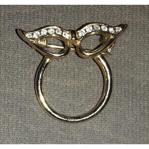 Broche "Masque Loup" Avec Strass Blanc Couleur Or Vintage