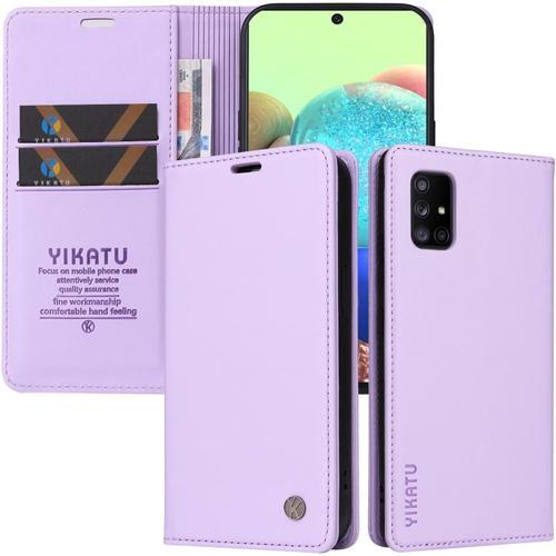 Etui Coque Pour Samsung Galaxy A71 5g, Housse En Cuir Pu Premium Etui À Rabat Pochette De Portefeuille Emplacements Cartes Fonction Support Fermeture Magnétique , Violet