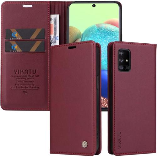 Etui Coque Pour Samsung Galaxy A71 4g/M70s, Housse En Cuir Pu Premium Etui À Rabat Pochette De Portefeuille Emplacements Cartes Fonction Support Fermeture Magnétique , Rouge