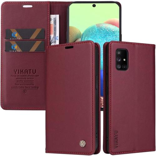 Etui Coque Pour Samsung Galaxy A71 5g, Housse En Cuir Pu Premium Etui À Rabat Pochette De Portefeuille Emplacements Cartes Fonction Support Fermeture Magnétique , Rouge