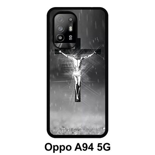 Coque Oppo A94 5g - Jésus Croix Noir Et Blanc - Silicone - Noir