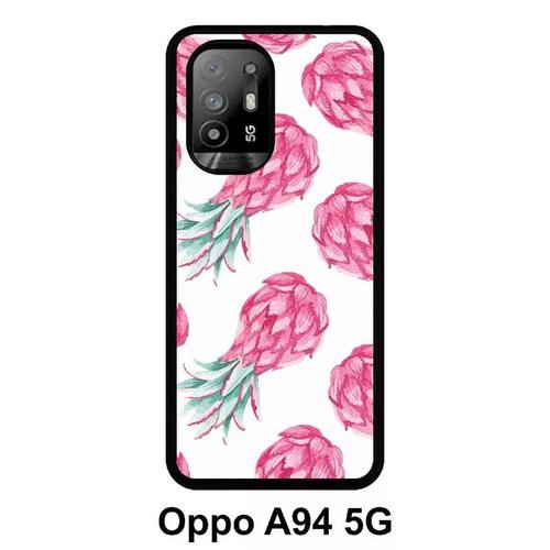 Coque Oppo A94 5g - Ananas Rose Fond Blanc - Silicone - Noir