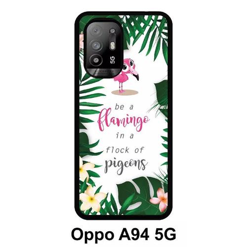 Coque Oppo A94 5g - Etre Un Flamant Rose Dans Un Troupeau De Pigeons Fond Blanc 2 - Silicone - Noir