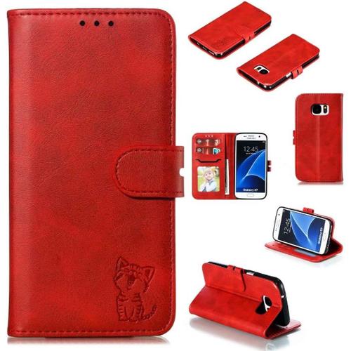 Coque Compatible Samsung Galaxy S7 Housse Portefeuille Avec Fonction Stand Antichoc Tpu Etui Protection Avec 4 Fente Pour Carte Fermeture Magnétique -Rouge Avec Film En Verre Trempé