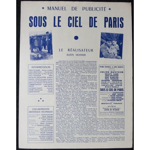 Sous Le Ciel De Paris * Julien Duvivier - Film De 1951 - Avec Brigitte Auber ; Jean Brochard ; Rene Blancard - Manuel De Publicité 4 Pages - Chaque Page De 31x24 Cm - Tour Eiffel