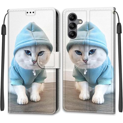 Case Pour Samsung Galaxy A04s Étui Housse Case Emplacement Carte Pu Leather Magnétique Etui De Cuir Protective Case Portefeuille Étui Coque Pour Samsung Galaxy A04s,Chat Chapeau Bleu