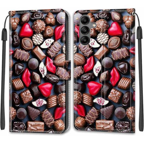 Case Pour Samsung Galaxy A04s Shockproof Case Slim Case Emplacement Carte Pu Leather Magnétique Etui De Cuir Protective Housse Portefeuille Étui Housse Pour Samsung A04s,Chocolat Bonbons