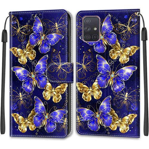 Coque Pour Samsung Galaxy A71 Case,Pour Galaxy A71 Coque De Protection Étui Fente Pour Carte Portefeuille Pu Cuir Anti-Rayures Housse Wallet Cover Pour Samsung A71,Golden-Blue Wings