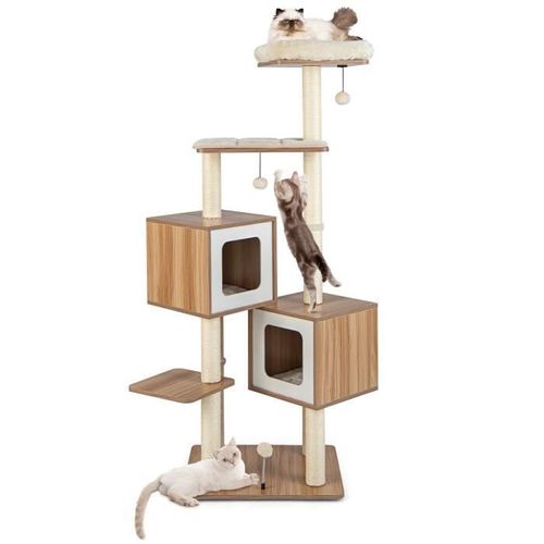 Costway Arbre À Chat En Bois 163 Cm Avec 3 Plateformes, 2 Niches, 3 Balles, Griffoirs En Sisal, Perchoir, Coussins Lavables, Naturel