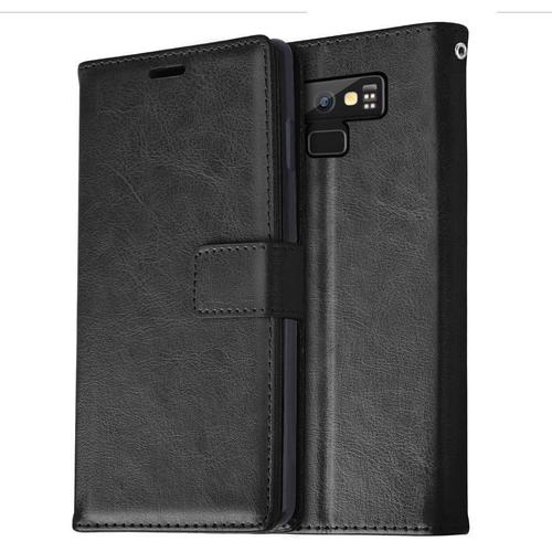 Coque Housse Étui Portefeuille En Cuir Avec Rabat De Protection, Fentes Pour Cartes, Béquille Et Dragonne, Faux Cuir Pu Noir Pour Samsung Galaxy Note 9