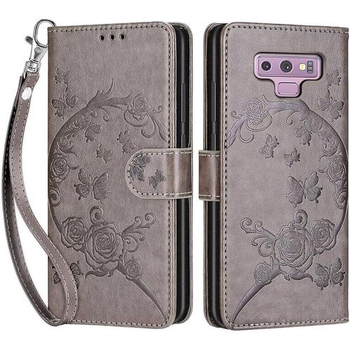 Flip Coque Pour Samsung Galaxy Note 9,Housse En Pu Cuir Stand Support Porte Cartes De Crédit Fermeture Magnétique Etui Portefeuille Fleur Papillon Étui