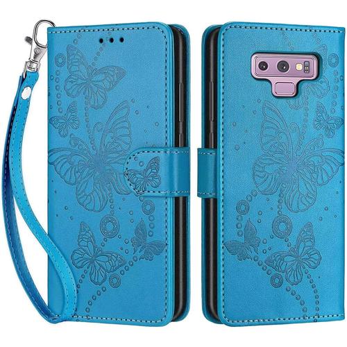 Flip Coque Pour Samsung Galaxy Note 9,Housse En Pu Cuir Stand Support Porte Cartes De Crédit Fermeture Magnétique Etui Portefeuille Fleur Papillon Étui