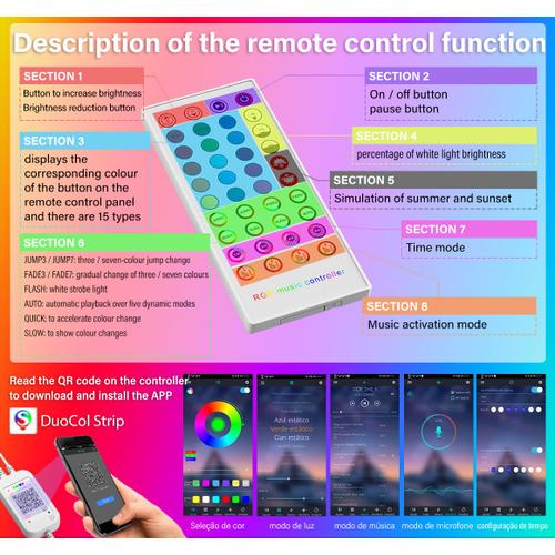 Ruban Led 20M, Bande Led 5050 RGB, Led Ruban Lumineuse Flexible Multicolore  avec Télécommande 40 Touches,Contrôle de l'application mobile