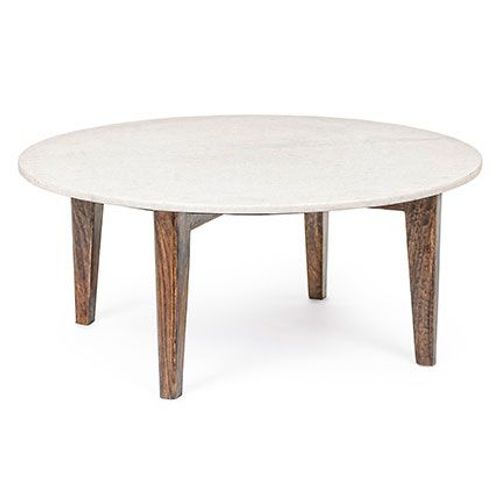 Table Basse Ronde 75x32 Cm En Marbre Blanc Et Manguier - Klessi