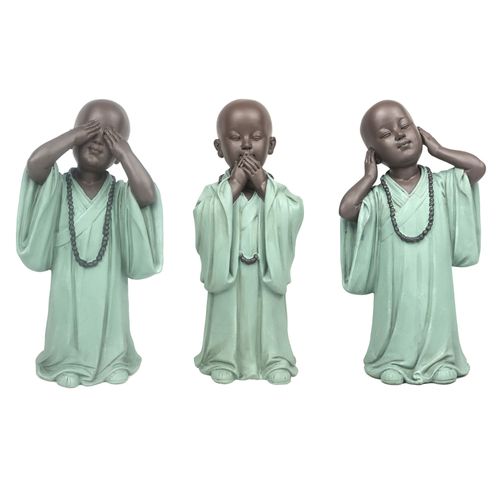 Signes Grimalt By SIGRIS - Figura monje no ve-oye-habla 3 Unidades Verde de Resina | Figura de Buda Figuras Decorativas Decoracion Salon 25x9x13cm