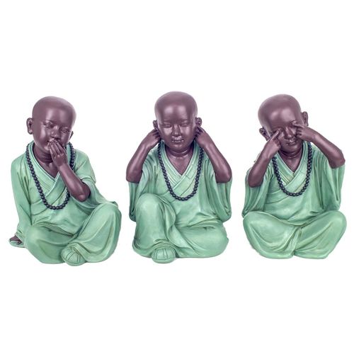 Signes Grimalt By SIGRIS - Figura monje no ve-oye-habla 3 Unidades Verde de Resina | Figura de Buda Figuras Decorativas Decoracion Salon 17x9x12cm
