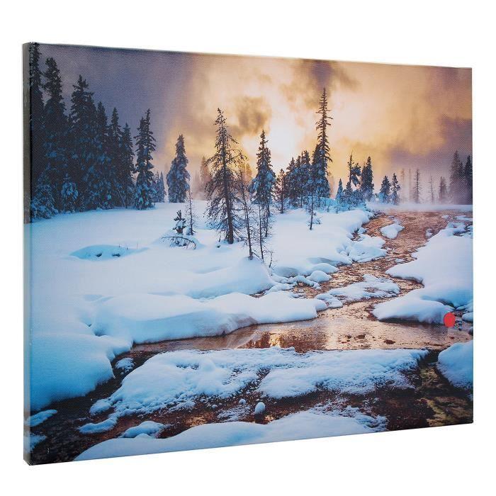 Tableau lumineux LED - Pont - 40 x 30 cm - Peinture murale lumineuse -  Paysage d'hiver sur toile