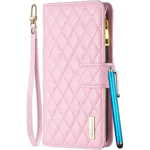 Housse Coque Pour Samsung Galaxy A53 5g Etui Cuir De Ceinture Portefeuille À Glissière Avec 9 Fentes Cartes Et Rabat Protecteur Silicone Souple Étuis Housse Pour Galaxy A53 5g, Rose