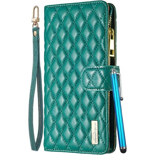 Housse Coque Pour Samsung Galaxy A41 Etui Cuir De Ceinture Portefeuille À Glissière Avec 9 Fentes Cartes Et Rabat Protecteur Silicone Souple Étuis Housse Pour Galaxy A41, Vert