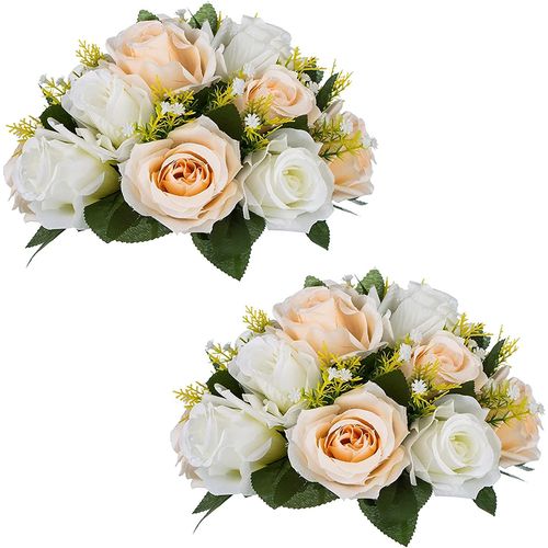 2Pcs Fleurs Artificielles,Rose en Soie avec Base,Convient au Centre de la Table Mariage pour Les Fêtes Décoration de Saint Valentin(Champagne&Blanc)