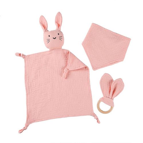 Lot De 3 Coffret Naissance Bébé De Fille Et Garçon - 100% Coton Doux Doudou, Bavoir Et Anneau Dentition Coffret Cadeau Kit(Rose)