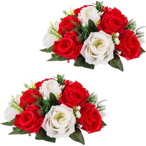 Boules Fleurs Mariage Centres Table,2Pcs Bouquet Boules Fleurs Artificielles Bouquet Rose en Soie avec Base pour Mariage Décor Fête(Rouge&Blanc)