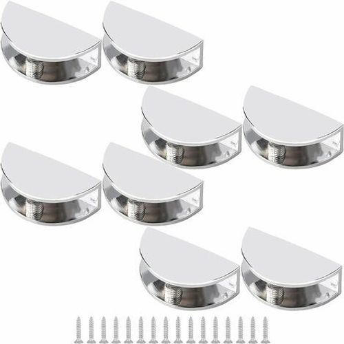 Lot De 8 Supports Réglables Pour Étagère En Verre, Sans Cadre, En Alliage De Zinc, Clips De Serrage En Verre Demi-Ronds, Chromés, Polis, Fixation Murale Pour Verre De 6 À 10 Mm D'épaisseur