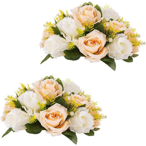 Boules Fleurs Mariage Centres Table,2Pcs Bouquet Boules Fleurs Artificielles Bouquet Rose en Soie avec Base pour Mariage Décor Fête(Champagne&Blanc)