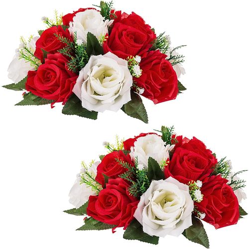 2Pcs Fleurs Artificielles,Rose en Soie avec Base,Convient au Centre de la Table Mariage pour Les Fêtes Décoration de Saint Valentin(Rouge&Blanc)