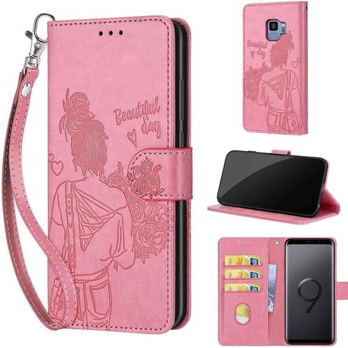 Coque Pour Samsung Galaxy S9 Étui, Antichoc Portefeuille Etui Flip Folio Case Cover Étui Compatible Samsung Galaxy S9 Rose