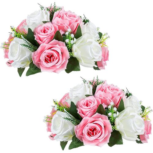 2Pcs Fleurs Artificielles,Rose en Soie avec Base,Convient au Centre de la Table Mariage pour Les Fêtes Décoration de Saint Valentin(Rose&Blanc)