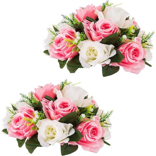 Boules Fleurs Mariage Centres Table,2Pcs Bouquet Boules Fleurs Artificielles Bouquet Rose en Soie avec Base pour Mariage Décor Fête(Rose&Blanc)