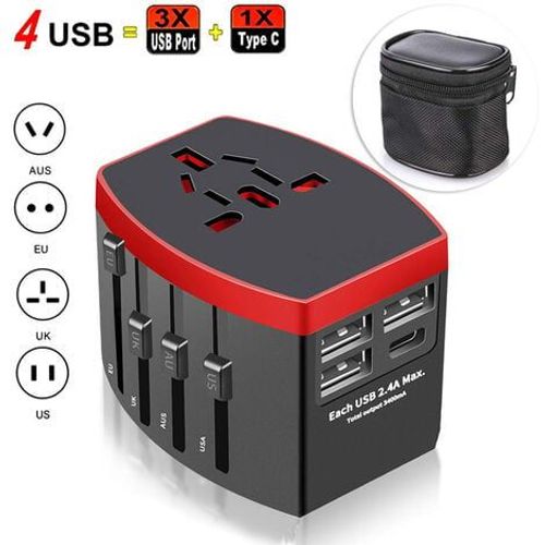 Adaptateur Voyage Universel, International Prise Universelle avec 4 USB, 4 en 1 Chargeur USB pour USA UK Australie Japon Italie Chine, Prise Monde Applicable à 224 Pays ou régions, Noire