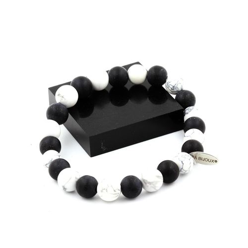 Bracelet Perles Howlite + Onyx Noir Mat 8 Mm. Fabriqué En France.