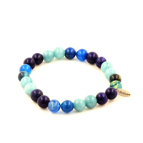 Bracelet Perles Lapis Lazuli + Aigue-Marine + Agate Rubanée Bleu 8 Mm. Fabriqué En France.