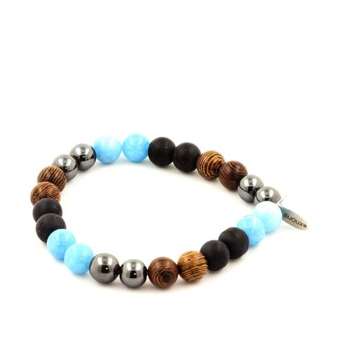 Bracelet Perles Hématite + Calcédoine Bleu + Onyx Noir Mat + Bois 8 Fabriqué En France.
