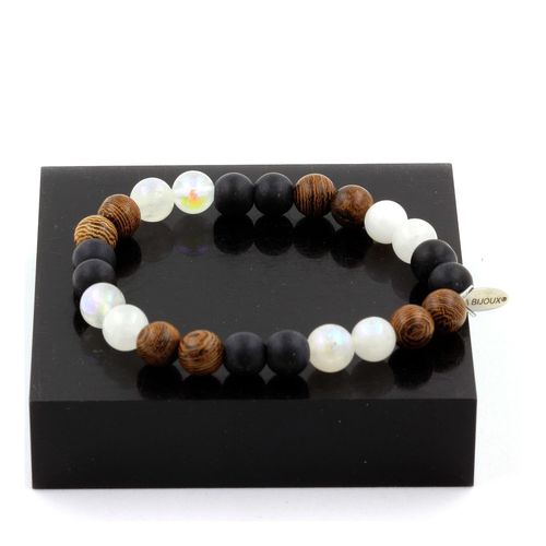 Bracelet Perles Pierre De Lune + Onyx Noir Mat + Bois 8 Mm. Fabriqué En France.