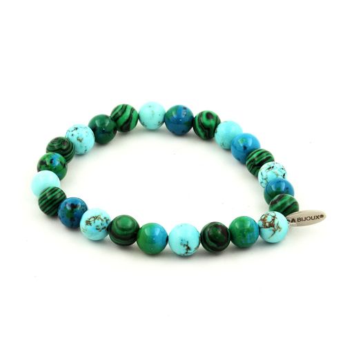 Bracelet Perles Chrysocolle + Malachite + Turquoise 8 Mm. Fabriqué En France.